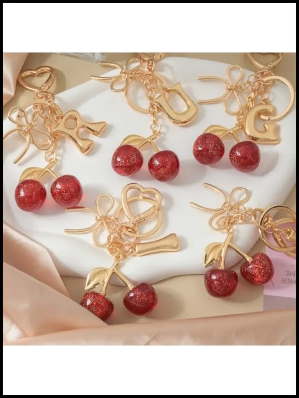 Gold-Plated Bubble Letter Initial Keychain with Cherry & Bow Bag Charm